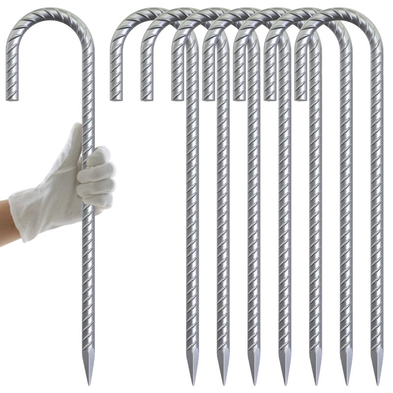 AAGUT Rebar Stakes 16 Inch J Hook Heavy Duty 8 Pack, 3/8 Inch Galvanized Metal Steel Ground Anchors Chain Link Fence Stakes for Camping Tent, Inflatables, Yard Decorations, Canopies & Swing Sets - Image 1